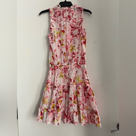 POUPETTE ST BARTH CLARA PINK FLORAL TASSEL EYELET  RUFFLE TIERED MINI DRESS M - Picture 3 of 4
